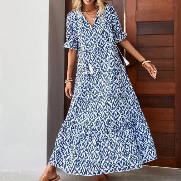 MODA ME COUTURE Dresses & Skirts - Tassel Tie Neck Flounce Sleeve Ruffle Hem Smock Dress blue